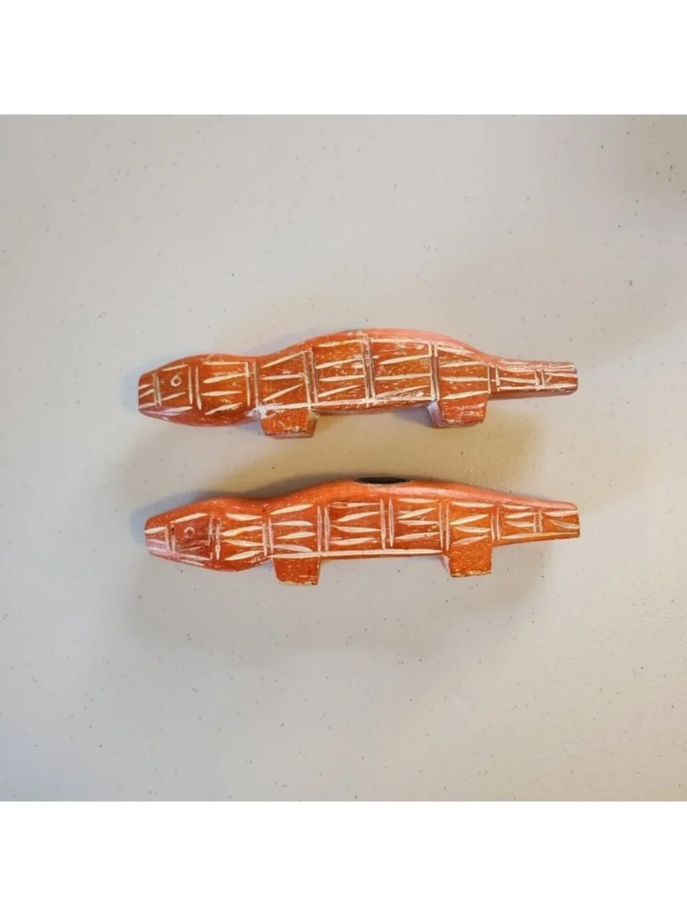 Vintage Pottery Barn Boho Whitewashed Orange Figural Lizard Wood Candle Holders
